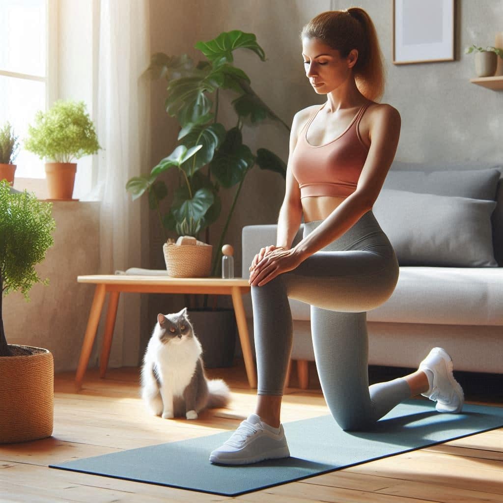 یکی از راه های باز توانی رباط صلیبی ورزش است خانمی که برای درد زانو در خانه ورزش می کند