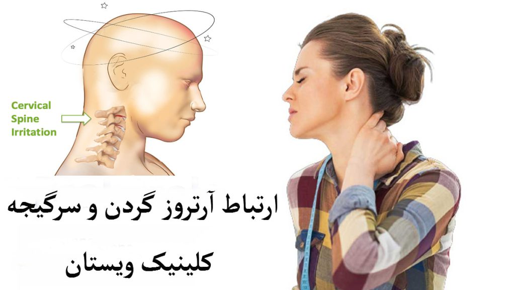 یک خانم که درد در قسمت گردن دارد و یک عکس از سر انسان که با فلش ،سرگیجه او نشان داده می شود