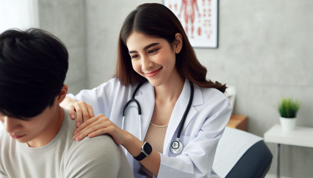 پزشک خانم که بیماری را برای درمان دیسک کمر معاینه می کند