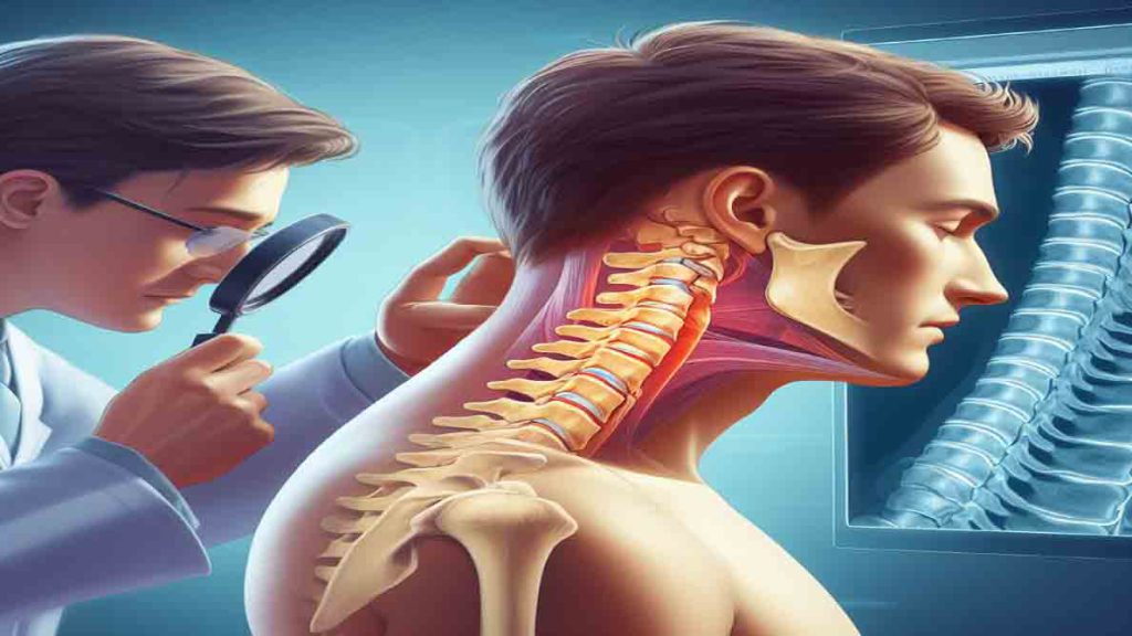 پزشک متخصص در حال معاینه بیماری که از درد گردن رنج می برد پزشک متخصص در حال معاینه بیماری که از درد گردن رنج می برد